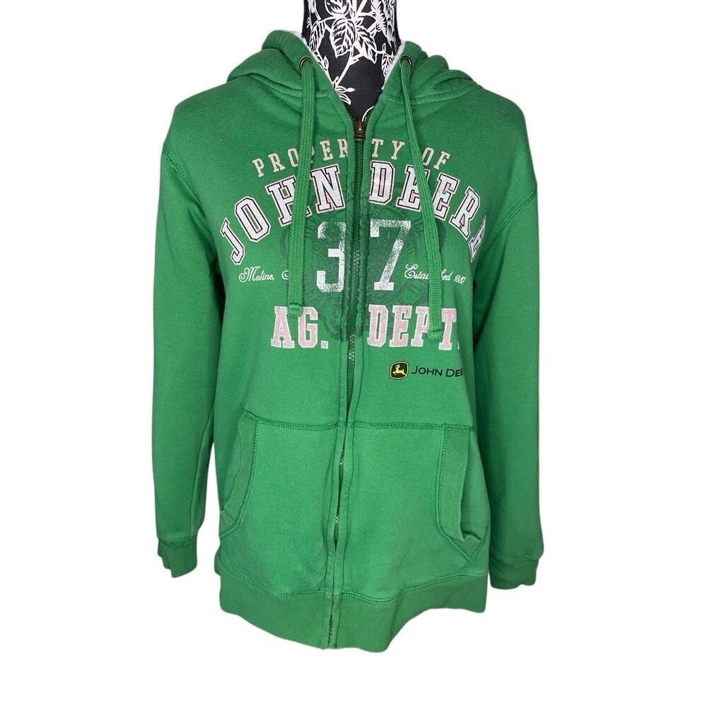 John Deere Green Sherpa Lined Zip Hoodie Graphic Logo Cozy Warm Womens Medium